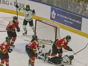 Laura Stacey (7) of the Markham Thunder scores the winning goal against the Kunlun Red Star in overtime in Toronto on Sunday March 25, 2018.