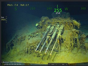 This handout photograph obtained March 5, 2018 courtesy of Paul G. Allen shows wreckage from the USS Lexington, a U.S. aircraft carrier which sank during the Second World War, that has been found in the Coral Sea, a search team led by Microsoft co-founder Paul G. Allen announced March 5, 2018.