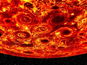 This handout picture provided by Nature and released by NASA/SWRI/JPL/ASI/INAF/IAFPS on March 8, 2018 shows Jupiter's South Pole in a mosaic of images acquired by the Jovian InfraRed Auroral Mapper at wavelengths.