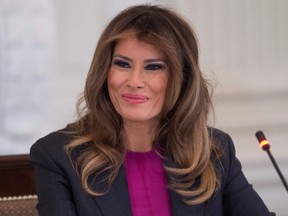 Melania Trump holds a roundtable discussion on cyber safety with technology leaders in the State Dining Room of the White House in Washington, DC, March 20, 2018.