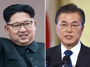 This combo photo shows a picture taken on May 10, 2016 of North Korean leader Kim Jong Un on the balcony of the Grand People's Study House in Kim Il-Sung Square in Pyongyang, and an Aug. 17, 2017 image of South Korean President Moon Jae-In speaking during a press conference marking his first 100 days in office in Seoul.