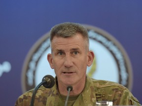 US Army General and commander of US forces in Afghanistan John Nicholson speaking during a joint press conference in Kabul  on November 20, 2017.
