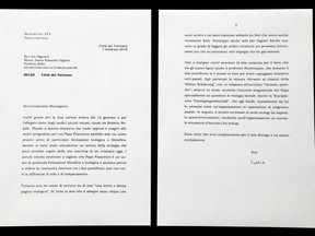 This photo shows a complete copy of a letter by Emeritus Pope Benedict XVI about Pope Francis that the Vatican released Saturday, March 17, 2018, after coming under blistering criticism for previously selectively citing it in a press release and digitally manipulating a photograph of it. The previously hidden part of the letter, the Vatican blurred the final two lines of the letter's first page, provides the real explanation why Benedict refused to provide commentary on a new Vatican-published compilation of books about Francis' theological and philosophical background that was released to mark his fifth anniversary as pope.