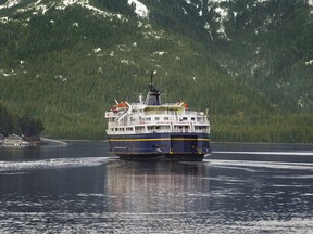 The ferry Taku departs from Ward Cove in Ketchikan, Alaska, Tuesday, March 13, 2018. The vessel will make a couple inspection stops before reaching its final destination of India.