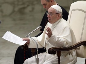 Pope Francis talks during the weekly general audience in the Paul VI Hall at the Vatican, Wednesday, March 7, 2018.