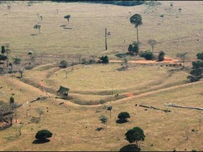 An aerial photo of one of the structures uncovered in a recent study of pre-Columbian archaeological sites in the Amazon.