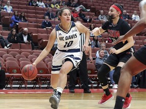 UC Davis forward Pele Gianotti (10) drives as Cal State Northridge guard Claudia Ramos (15) pursues during the first half of an NCAA college basketball game for the Big West women's tournament championship in Anaheim, Calif., Saturday, March 10, 2018.