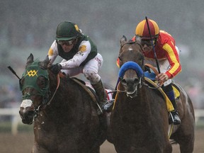 In a photo provided by Benoit Photo, Bolt d'Oro, left, with Javier Castellano up, left, battles McKinzie and Mike Smith down the stretch, before being declared the winner after McKinzie, who finished first, was disqualified and placed second in the Grade II $400,000 San Felipe Stakes horse race Saturday, March 10, 2018, at Santa Anita in Arcadia, Calif. (Benoit Photo via AP)