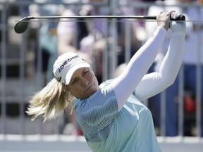 Brittany Lincicome tees off on the first hole during the final round of a LPGA golf tournament on Sunday, March 18, 2018, in Phoenix.