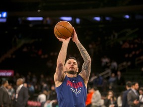 J.J. Redick, the Philadelphia 76ers’ veteran shooting guard, goes through his pre-game routine before a game against the New York Knicks at Madison Square Garden on March 15.