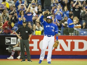 Toronto Blue Jays third base prospect Vladimir Guerrero Jr., son of former Montreal Expos all-star Vladimir Guerrero, reacts to a standing ovation in Montreal on March 26.