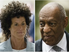 This photo combination shows Andrea Constand, left, walking to the courtroom during Bill Cosby's sexual assault trial on June 6, 2017, at the Montgomery County Courthouse in Norristown, Pa.; and Bill Cosby, right, arriving for his sexual assault trial on June 16, 2017, at the Montgomery County Courthouse in Norristown, Pa.