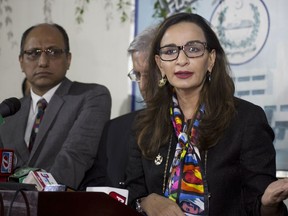 FILE - In this Thursday, Oct, 6, 2016 file photo, Pakistani legislator Sherry Rehman speaks to reporters in Islamabad, Pakistan. A senior Pakistani woman lawmaker from the opposition party has become the country's first opposition leader in the upper house of parliament, officials said Friday, March 23, 2018, a sign of the increasing role women have in this Islamic nation's legislature.