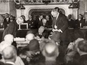 As Briand rose to speak, the camera crews switched off the bright klieg lamps and replaced them with a softer spotlight focused on Briand. He began by warmly acknowledging Kellogg on his left, and Gustav Stresemann, the German foreign minister, on his right. This day, he declared, “marks a new date in the history of mankind."