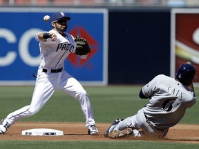 San Diego Padres second baseman Carlos Asuaje, left, throws to first to get Milwaukee Brewers' Ryan Braun, for a double play over the sliding Lorenzo Cain, during the first inning of an opening day baseball game in San Diego, Thursday, March 29, 2018.