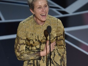Frances McDormand accepts the award for best performance by an actress in a leading role for "Three Billboards Outside Ebbing, Missouri" at the Oscars on Sunday, March 4, 2018, at the Dolby Theatre in Los Angeles.