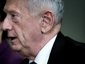 FILE - In this Wednesday, March 7, 2018 file photo, U.S. Defense Secretary Jim Mattis speaks during a meeting with Estonian Defense Minister Juri Luik at the Pentagon in Washington. Mattis on Sunday, March 11, 2018, warned the Syrian government not to use chemical weapons in its civil war and said the Trump administration has made it clear that it would be "very unwise" to use gas in attacks. Mattis said Russia, which intervened militarily in Syria to support the Assad government, could be complicit in the civilian casualties.
