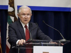 U.S. Attorney General Jeff Sessions addresses the California Peace Officers' Association at the 26th Annual Law Enforcement Legislative Day, Wednesday, March 7, 2018, in Sacramento, Calif. Sessions told law enforcement officers at the conference Wednesday that the Justice Department sued California because state laws are preventing federal immigration agents from doing their jobs.