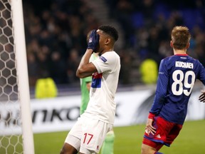 Lyon's Myziane Maolida reacts after he missed a goal during the Europa League, round of 16 second leg soccer match between Lyon and CSKA Moscow in Decines, near Lyon, central France, Thursday March 15, 2018.