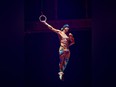 This Sept. 24, 2017, photo shows Yann Arnaud during a Cirque du Soleil performance in Toronto. Arnaud died early Sunday, March 18, 2018, after falling while performing during a show on Saturday in Tampa, Fla.