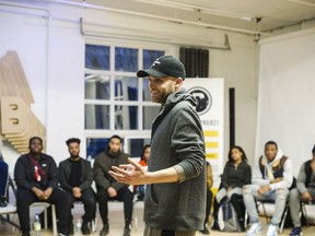 Gavin Sheppard , co-founder of the Remix Project gives an introductory talk to this years students of the creative industry incubator program, in Toronto, on Tuesday, March 6, 2018.