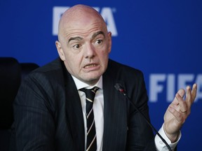 FIFA President Gianni Infantino speaks during a press conference after the FIFA Council Meeting, in Bogota, Colombia, Friday, March, 16, 2018. FIFA has finally and fully approved video review to help referees at the World Cup. The last step toward giving match officials high-tech help in Russia was agreed to on Friday by FIFA's ruling council chaired by Infantino.