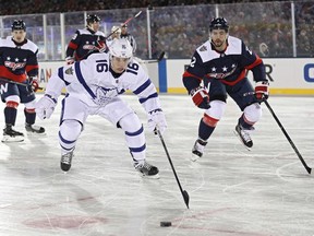 Toronto Maple Leafs forward Mitch Marner pursues the puck against the Washington Capitals at Navy-Marine Corps Memorial Stadium in Annapolis, Maryland, on March 3.