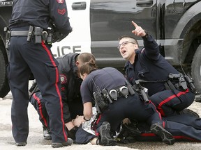 The scene at a Tuesday incident in Calgary in which a police officer was shot.
