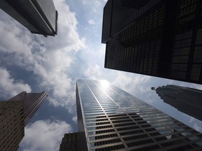 Bank skyscrapers are seen from Bay Street in Toronto's financial district, on Wednesday, June 16, 2010.