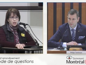 ADDS WOMAN'S NAME Ginette Chartre speaks while wearing a yellow badge as Mayor Philipe Tomlinson looks on during a council meeting, as shown in these screengrabs, for the borough of Outremont in Montreal on Monday March 5, 2018. Citizens in the Montreal borough of Outremont wore yellow badges to a council meeting Monday night to protest the use of schools buses by the community's Hasidic Jews.