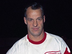 Detroit Red Wings' forward Gordie Howe is shown in a Nov., 1967 file photo. Calgary Police have recovered a number of collectibles including an autographed and framed Gordie Howe jersey as part of a drug investigation. A suspect was arrested late last month in which a man was believed to be receiving stolen property in exchange for drugs over a period of nine days.THE CANADIAN PRESS/AP