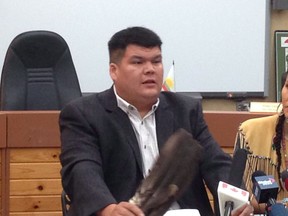 Chief Aaron Sock of the Elsipogtog First Nation speaks during a news conference in Elsipogtog, N.B., on Monday, Oct. 21, 2013. Chief Aaron Sock of the Elsipogtog First Nation issued a statement late Thursday saying the partners in the new Arctic surf clam venture include the Abegweit First Nation from P.E.I., and the Potlotek First Nation from Nova Scotia, both of which are Mi'kmaq bands.