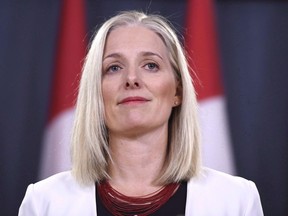 Minister of Environment and Climate Change Catherine McKenna speaks during a press conference in Ottawa on Thursday, Feb. 8, 2018. An environment professor at Dalhousie University says Canada's push to lead the G7 into a war against plastic garbage would get a whole lot more heft if the federal government started enacting stronger policies at home.