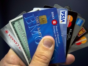 Credit cards are displayed in Montreal, Wednesday, December 12, 2012.