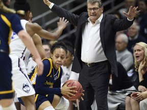 Connecticut head coach Geno Auriemma gestures during the first half of a second-round game against Quinnipiac in the NCAA women's college basketball tournament in in Storrs, Conn., Monday, March 19, 2018.