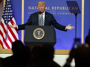 President Donald Trump speaks to the National Republican Congressional Committee March Dinner at the National Building Museum, Tuesday, March 20, 2018, in Washington.