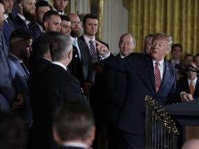 President Donald Trump speaks during a ceremony honoring the World Series Champion Houston Astros, in the East Room of the White House, Monday, March 12, 2018, in Washington.