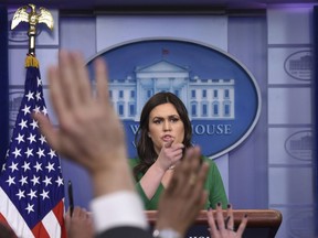 White House press secretary Sarah Huckabee Sanders speaks during the daily briefing at the White House in Washington, Thursday, March 15, 2018. Sanders answered questions about Russia, tariffs and other topics.