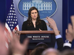 White House press secretary Sarah Huckabee Sanders speaks during the daily briefing at the White House in Washington, Monday, March 12, 2018. Sanders answered questions on North Korea, school safety and other topics.