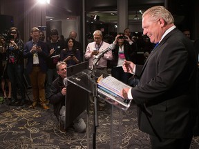 Doug Ford greets the media after being named as the newly elected leader of the Ontario Progressive Conservatives in Markham, Ont., on Saturday, March 10, 2018.