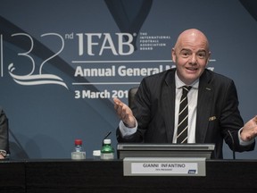 Fifa's president, Gianni Infantino speaks during the press conference of the 132nd IFAB Annual General Meeting at the Home of FIFA in Zurich, Switzerland, Saturday, March 3, 2018.