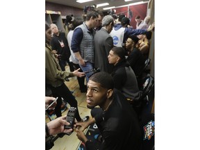 Loyola's Aundre Jackson answers questions after a practice session for the Final Four NCAA college basketball tournament, Thursday, March 29, 2018, in San Antonio.
