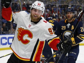 Calgary Flames forward Sam Bennett celebrates his goal during the first period of their game against the Sabres in Buffalo on Wednesday night.