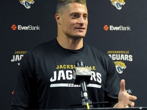 FILE - In this July 27, 2016, file photo, Jacksonville Jaguars linebacker Paul Posluszny speaks to the media in Jacksonville, Fla. Posluszny, the second-leading tackler in franchise history, is retiring from the NFL after 11 seasons. The 33-year-old Posluszny announced his decision in a letter to fans Tuesday, March 13, 2018, one day before he was scheduled to become an unrestricted free agent.