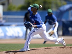 Toronto Blue Jays starting pitcher Marcus Stroman (6) throws a pitch during the first inning of a spring training baseball game against the Canada Junior National Team Saturday, March 17, 2018, in Dunedin, Fla.