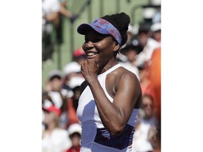 Venus Williams, reacts after defeating Kiki Bertens, of the Netherlands, during the Miami Open tennis tournament, Sunday, March 25, 2018, in Key Biscayne, Fla. Williams won 5-7, 6-3, 7-5.