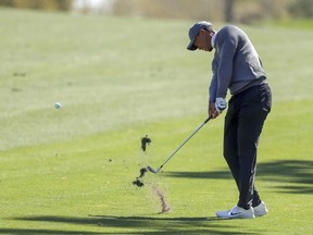 Tiger Woods hits a fairway approach on the sixth hole during the first round of the Valspar Championship golf tournament Thursday, March 8, 2018, in Palm Harbor, Fla.