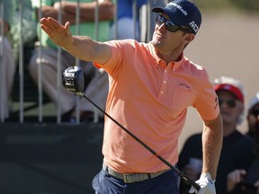 Justin Rose reacts after his drive on the 10th hole during the second round of the Valspar Championship golf tournament Friday, March 9, 2018, in Palm Harbor, Fla.