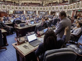 Florida Rep. Patricia Williams (D-Ft. Lauderdale), foreground, pats Rep. Roy Hardemon (D-Miami) on the back aster Hardemon said he got rid of his guns during the school safety debate on the House floor at the Florida Capital in Tallahassee, Fla., Wednesday March 7, 2018.