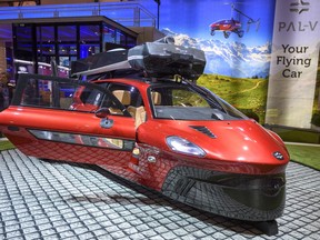 The New PAL-V Liberty a car that flies, a plane that drives is presented during the press day at the 88th Geneva International Motor Show in Geneva, Switzerland, Tuesday, March 6, 2018.